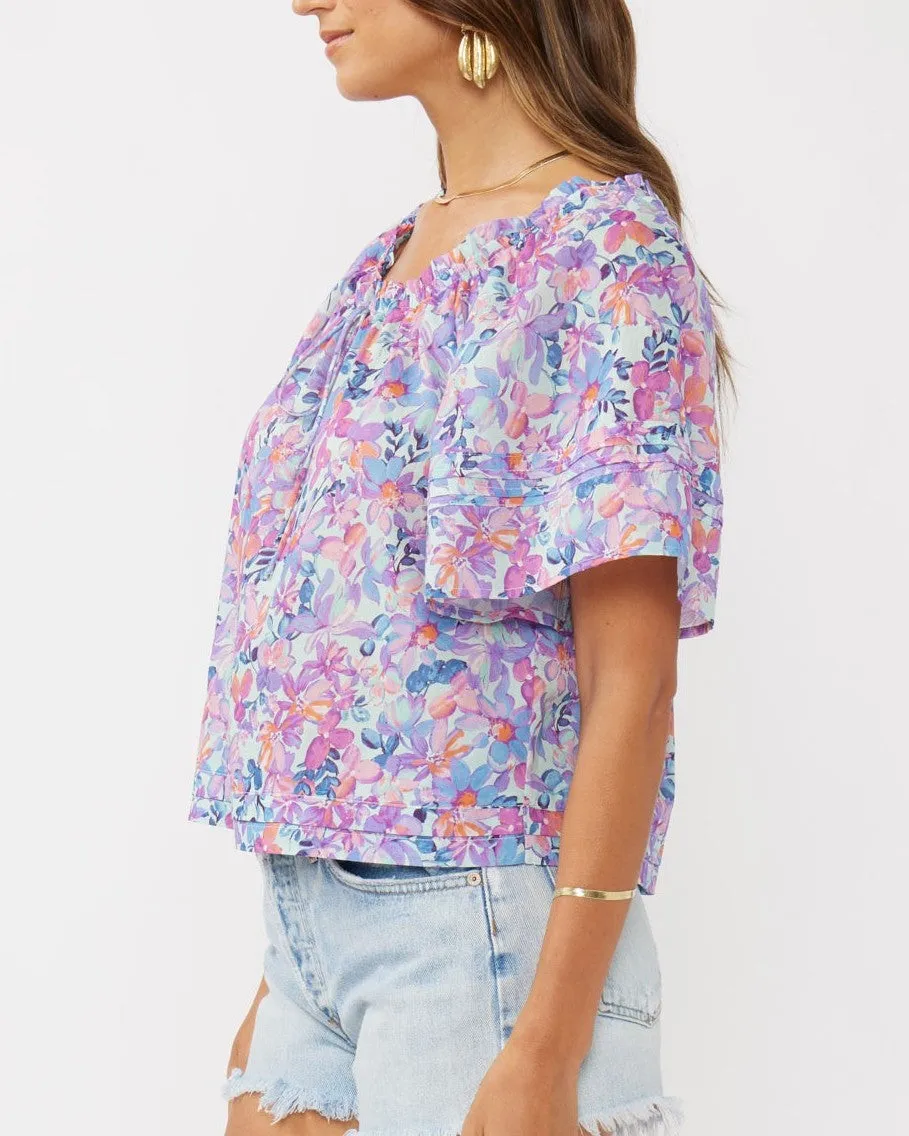 Floral Top with Short Sleeves - Light Blue/Plum
