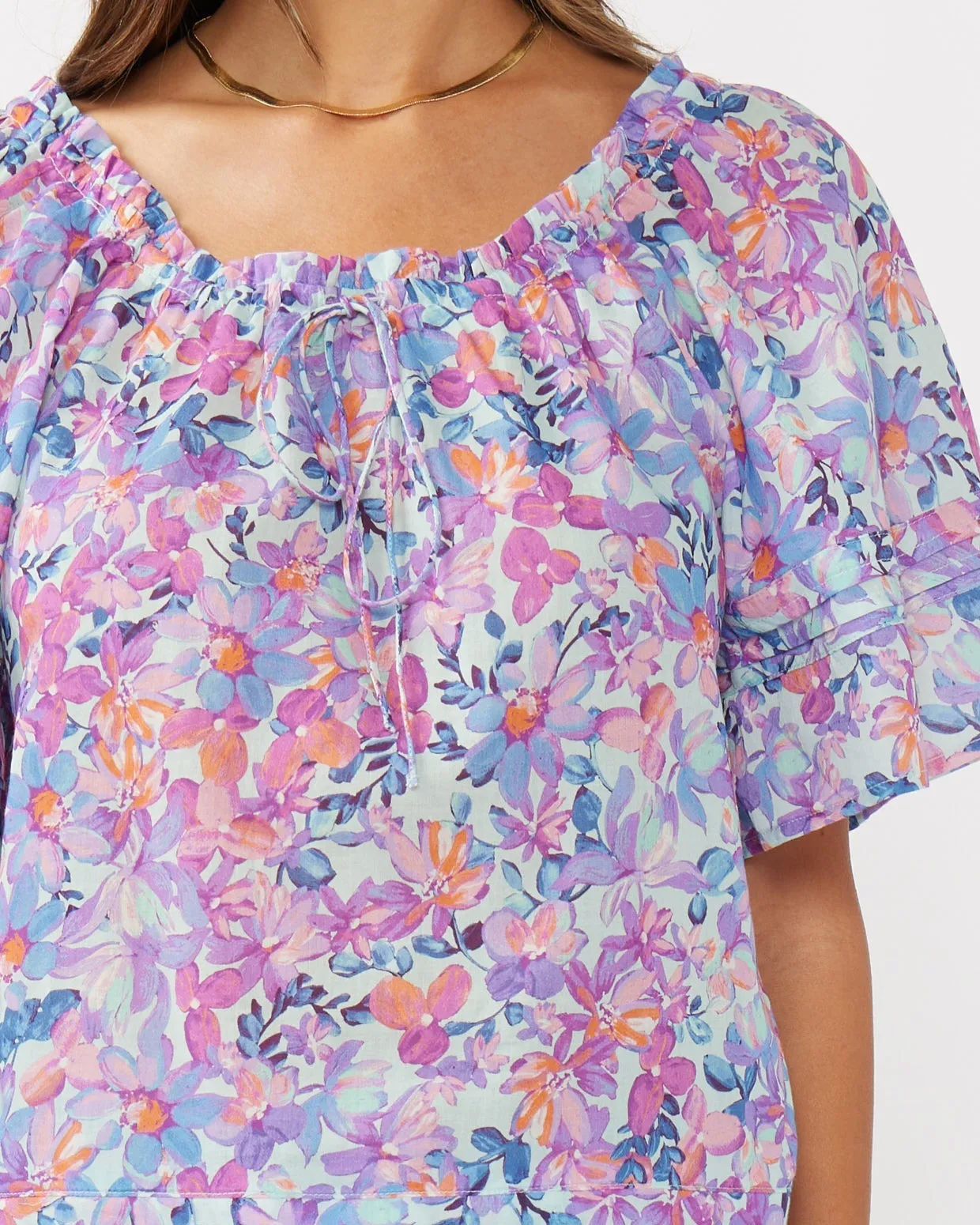 Floral Top with Short Sleeves - Light Blue/Plum