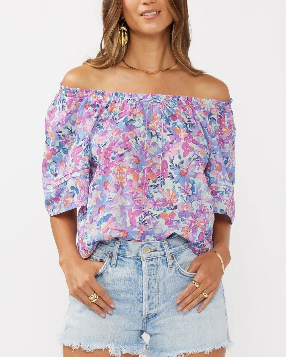 Floral Top with Short Sleeves - Light Blue/Plum