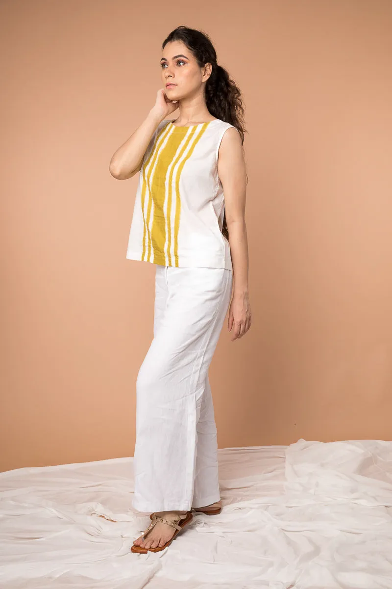 Fringe stripe cotton Top in White & Ochre
