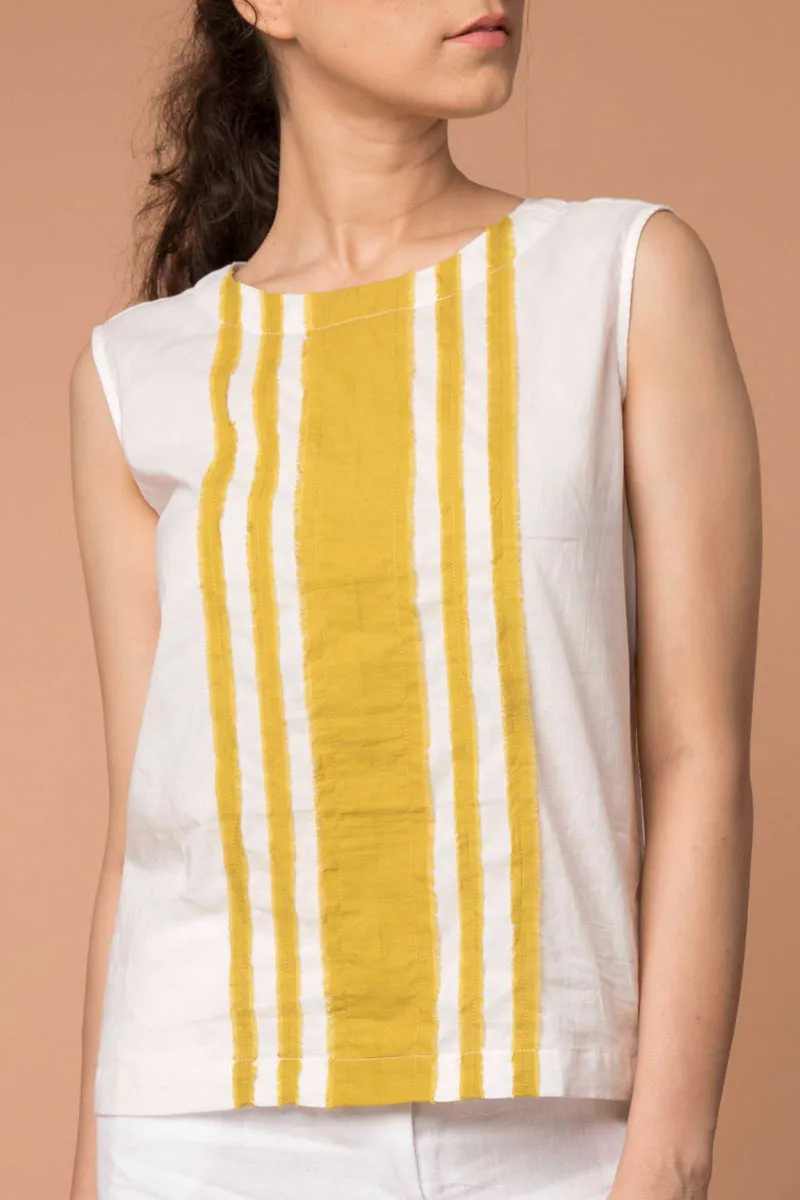 Fringe stripe cotton Top in White & Ochre