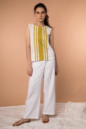 Fringe stripe cotton Top in White & Ochre