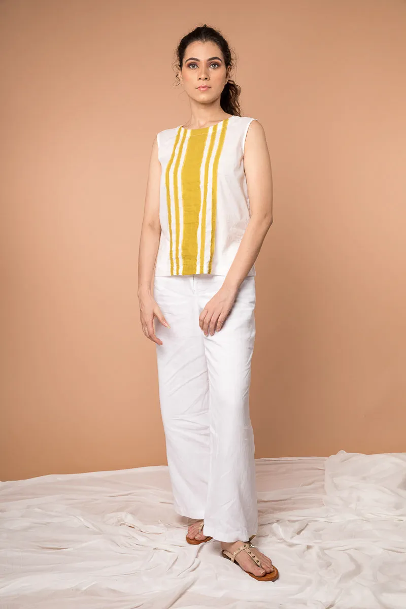 Fringe stripe cotton Top in White & Ochre