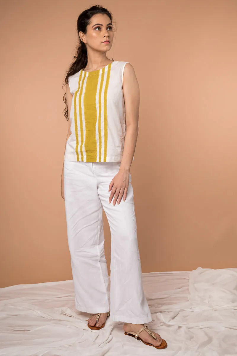 Fringe stripe cotton Top in White & Ochre