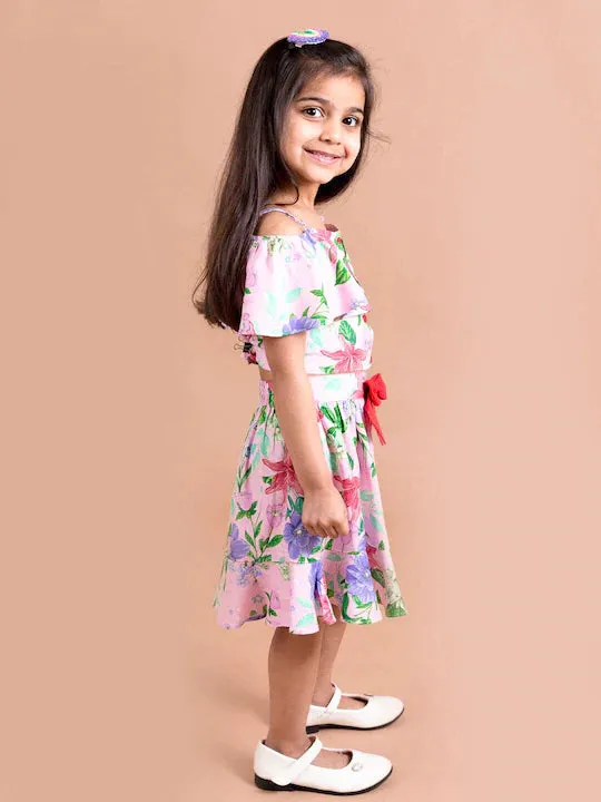 Girls Pink Blue Printed Top With Skirt