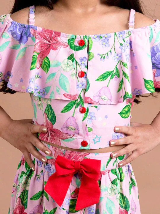 Girls Pink Blue Printed Top With Skirt