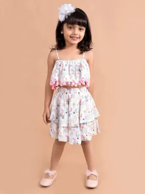 Girls White Pink Printed Top Skirt Co-Ord Set