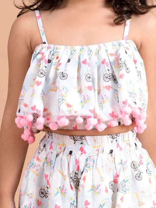 Girls White Pink Printed Top Skirt Co-Ord Set