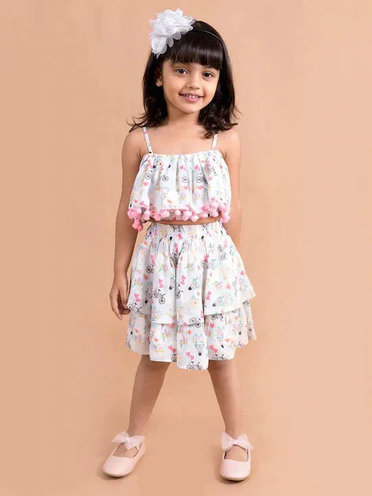 Girls White Pink Printed Top Skirt Co-Ord Set