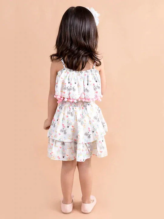 Girls White Pink Printed Top Skirt Co-Ord Set