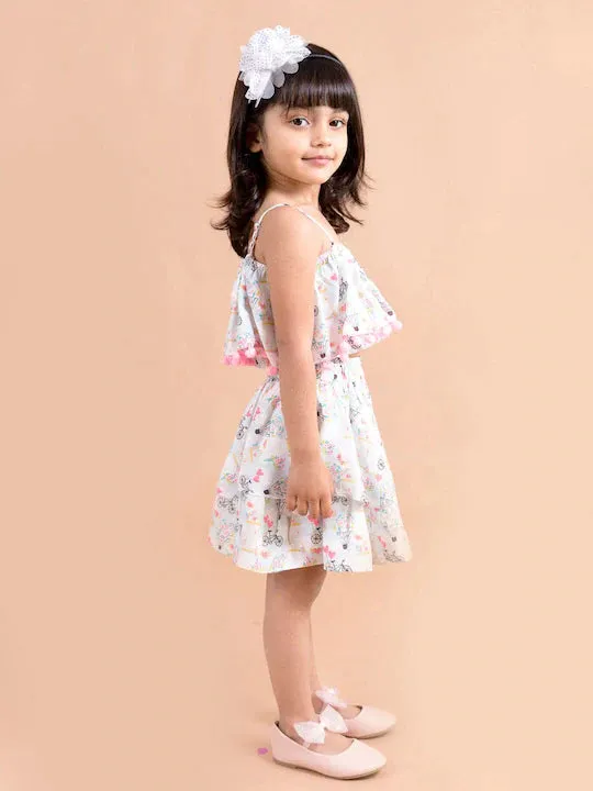 Girls White Pink Printed Top Skirt Co-Ord Set