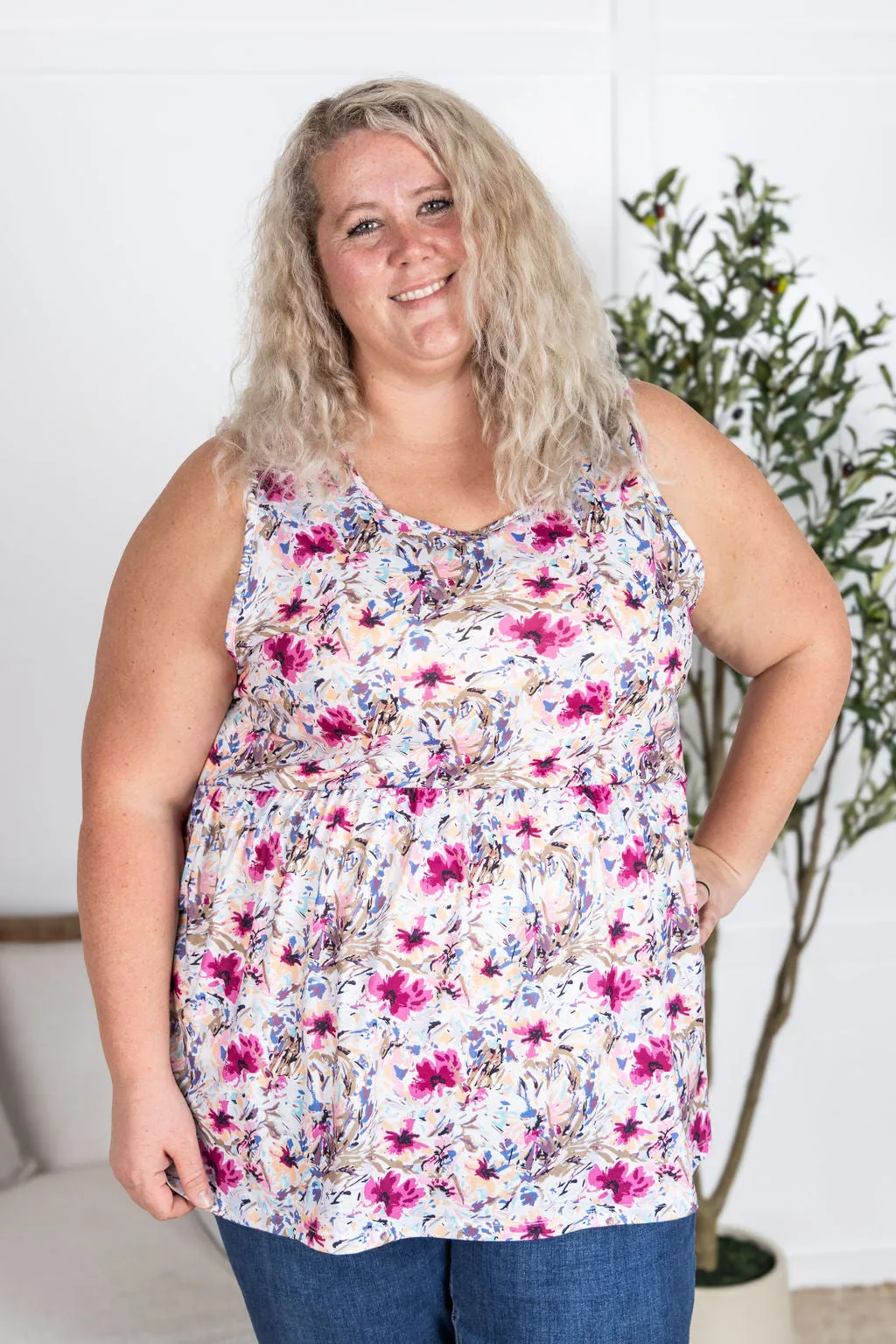 IN STOCK Renee Ruffle Tank Top - Pink and Periwinkle Abstract FINAL SALE