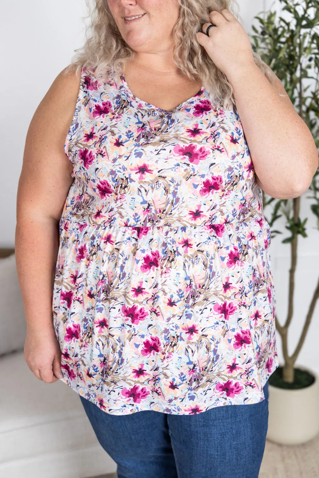 IN STOCK Renee Ruffle Tank Top - Pink and Periwinkle Abstract FINAL SALE