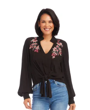 Karen Kane: Embroidered Tie Front Top in Black