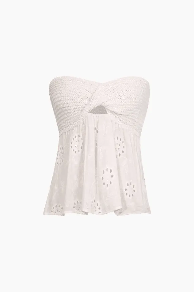 Knot Front Knit Embroidered Tube Top