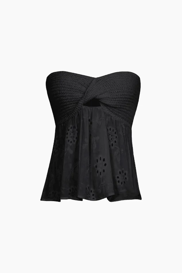 Knot Front Knit Embroidered Tube Top