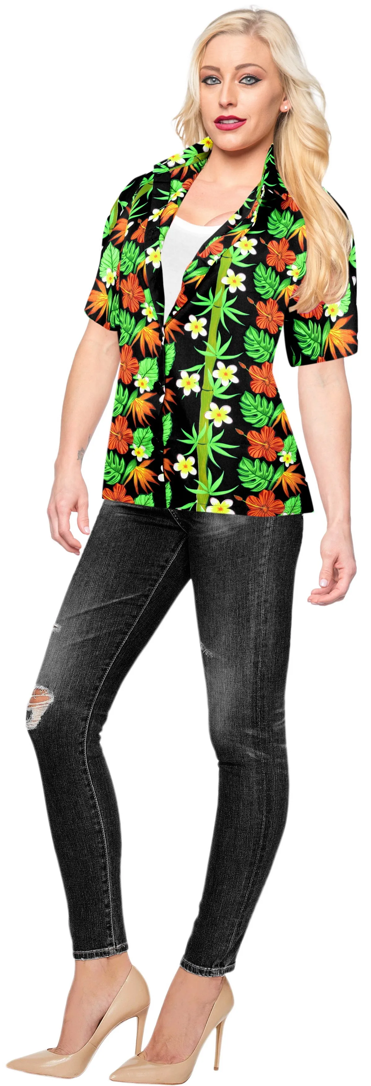 La Leela Women's Hibuscus Bloom Hawaiian Aloha Tropical Beach Relaxed Fit  Short Sleeve Blouse Printed Shirt Black