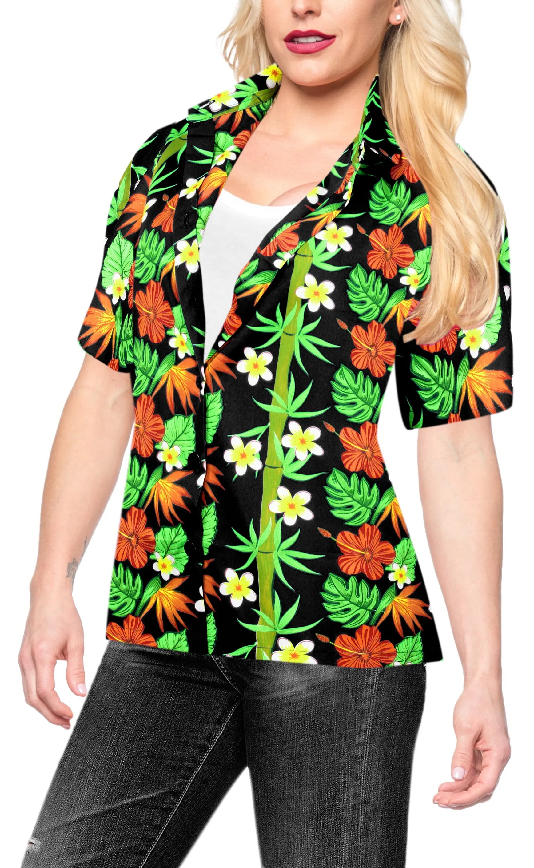 La Leela Women's Hibuscus Bloom Hawaiian Aloha Tropical Beach Relaxed Fit  Short Sleeve Blouse Printed Shirt Black