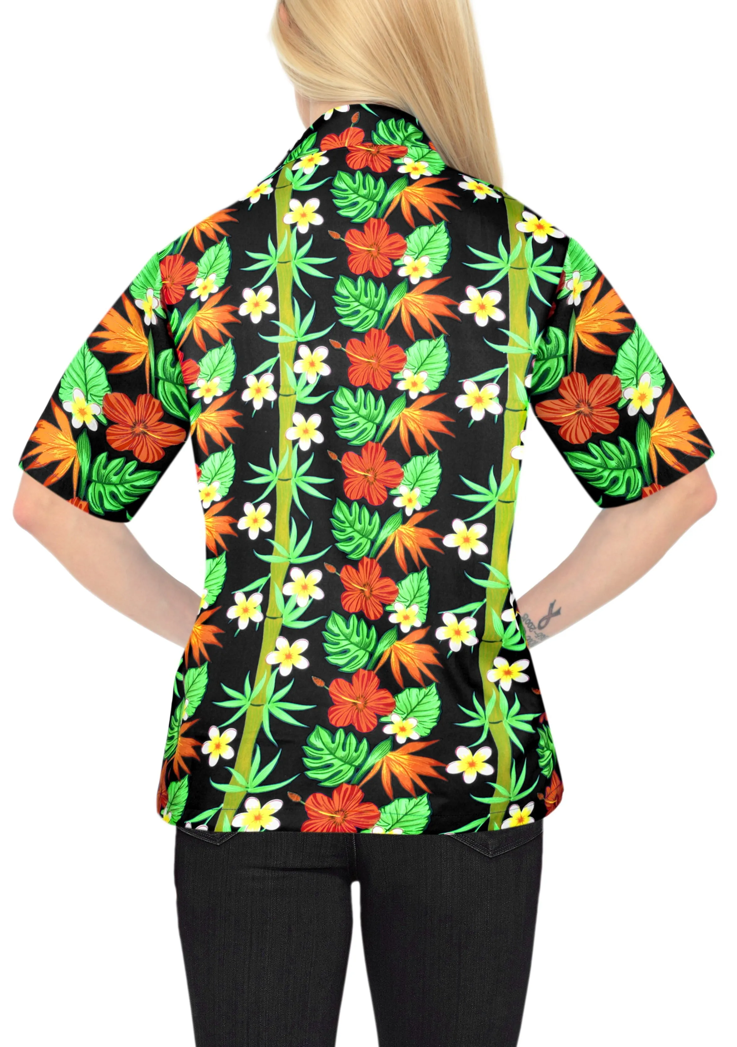 La Leela Women's Hibuscus Bloom Hawaiian Aloha Tropical Beach Relaxed Fit  Short Sleeve Blouse Printed Shirt Black