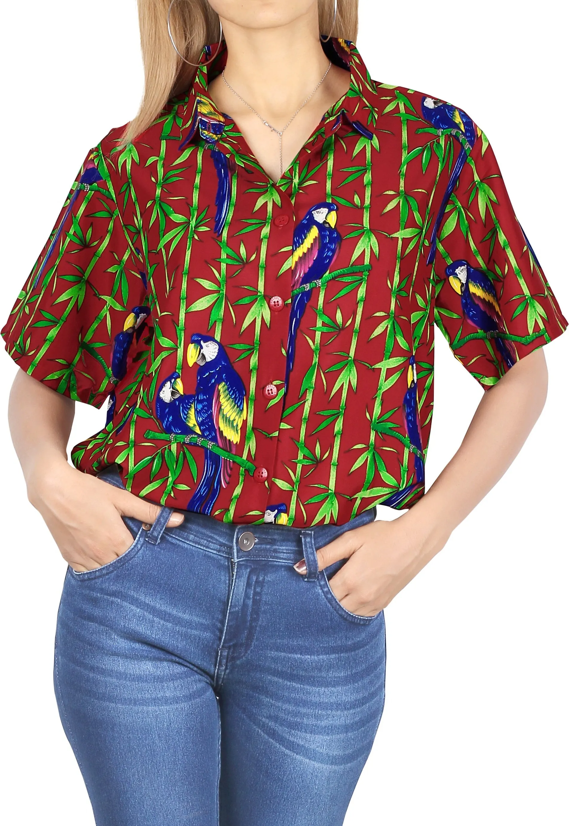 La Leela Women's Parrot Grove Relaxed fit Beach Hawaiian Aloha Tropical Short Sleeve Blouse Printed Shirt Poinsettia Red
