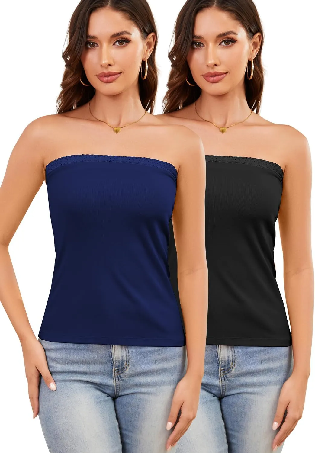 Lace Tube Tops for Women Cotton Ribbed Bandeau Sexy Strapless Camisoles 2 Pieces