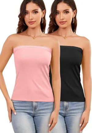 Lace Tube Tops for Women Cotton Ribbed Bandeau Sexy Strapless Camisoles 2 Pieces