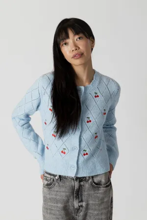 LACEY EMBROIDERED CHERRY CARDIGAN - BLUE