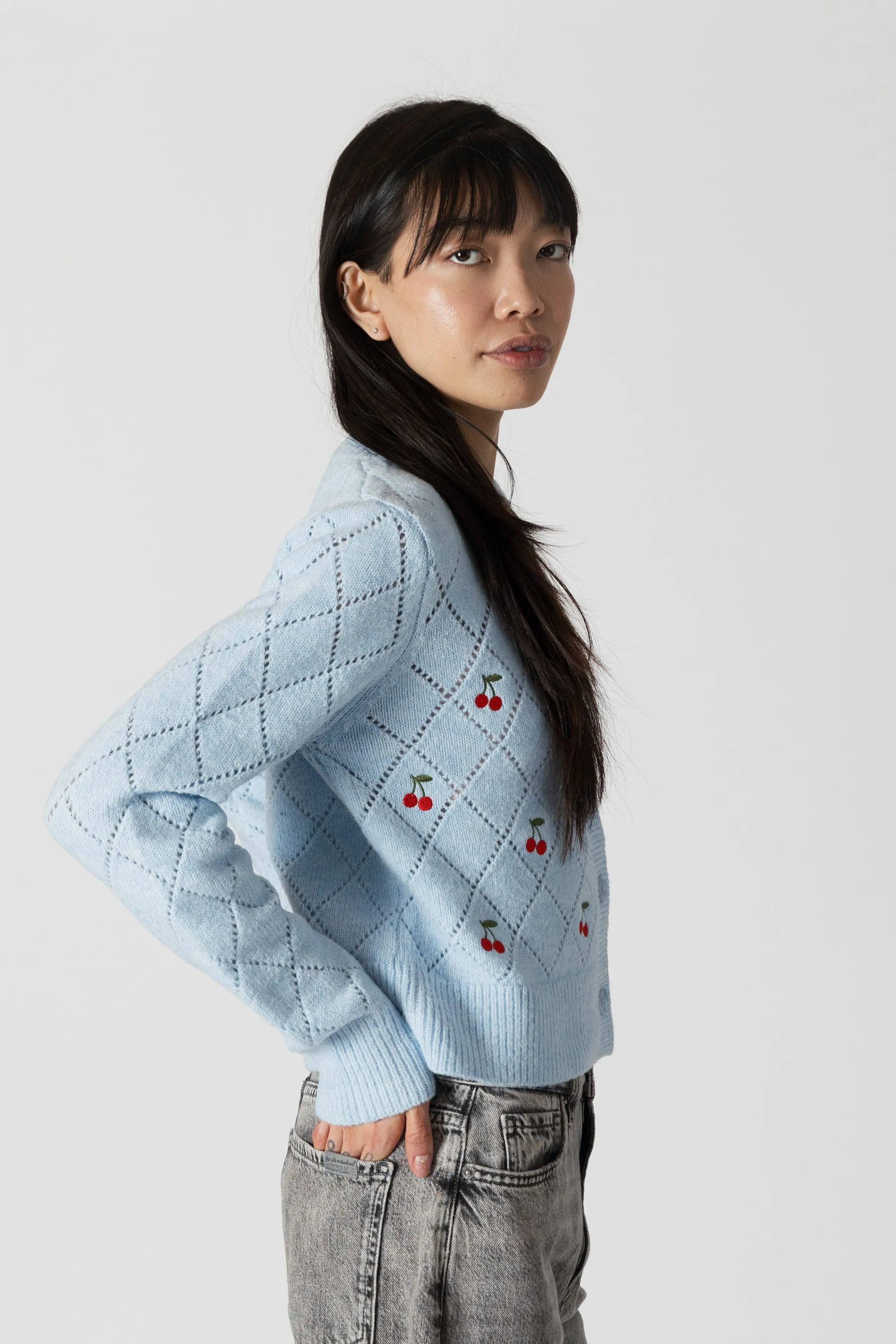LACEY EMBROIDERED CHERRY CARDIGAN - BLUE