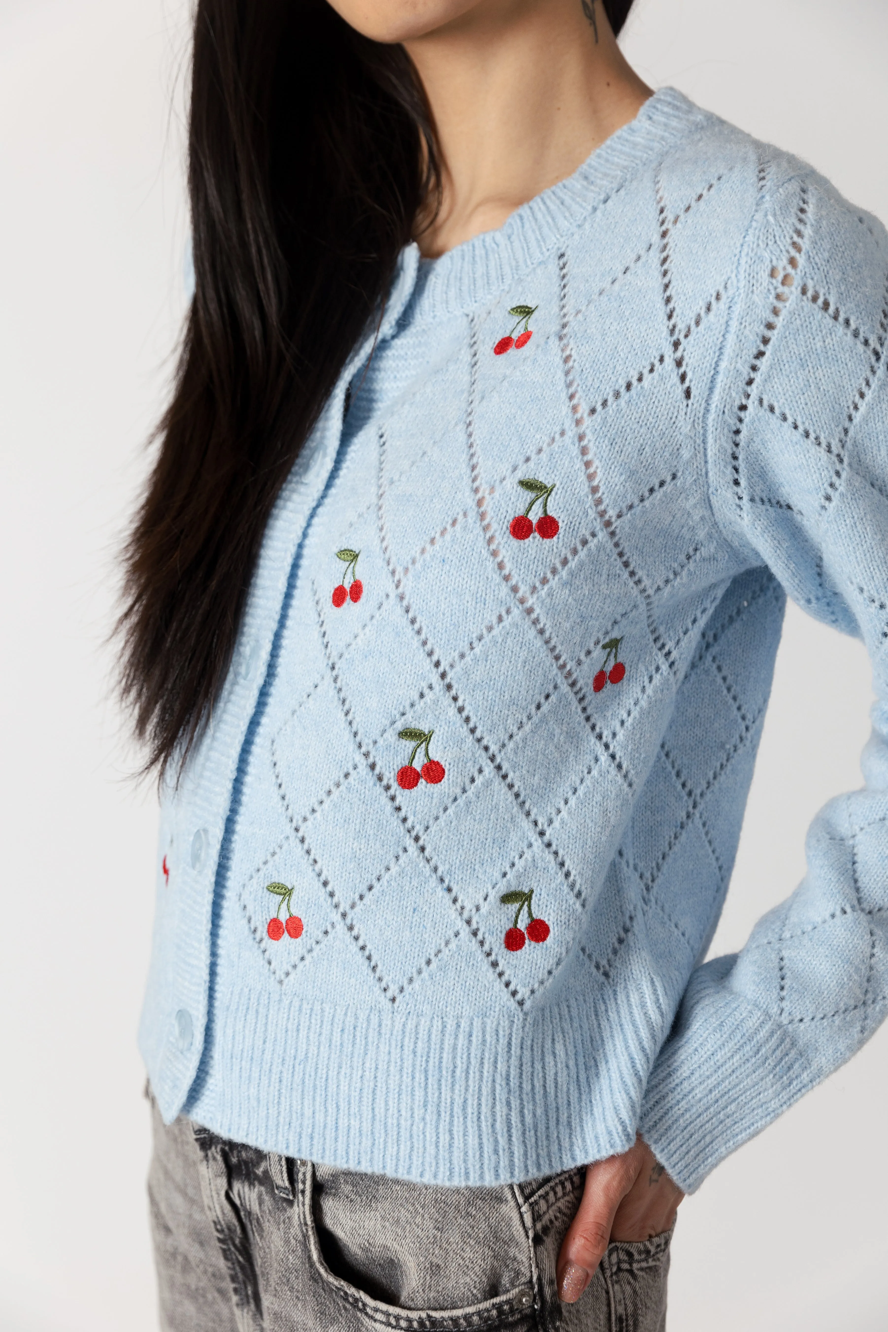 LACEY EMBROIDERED CHERRY CARDIGAN - BLUE
