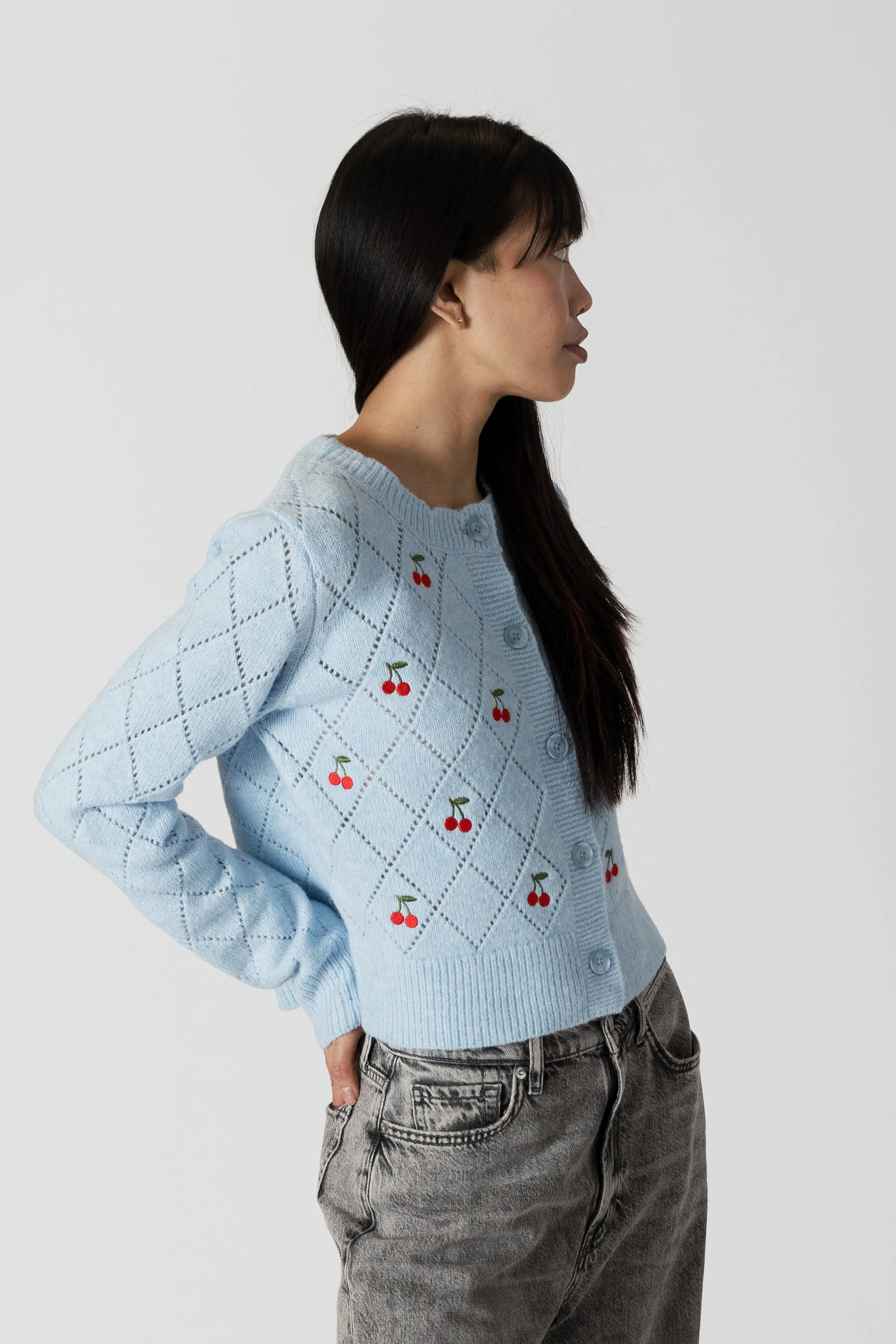 LACEY EMBROIDERED CHERRY CARDIGAN - BLUE