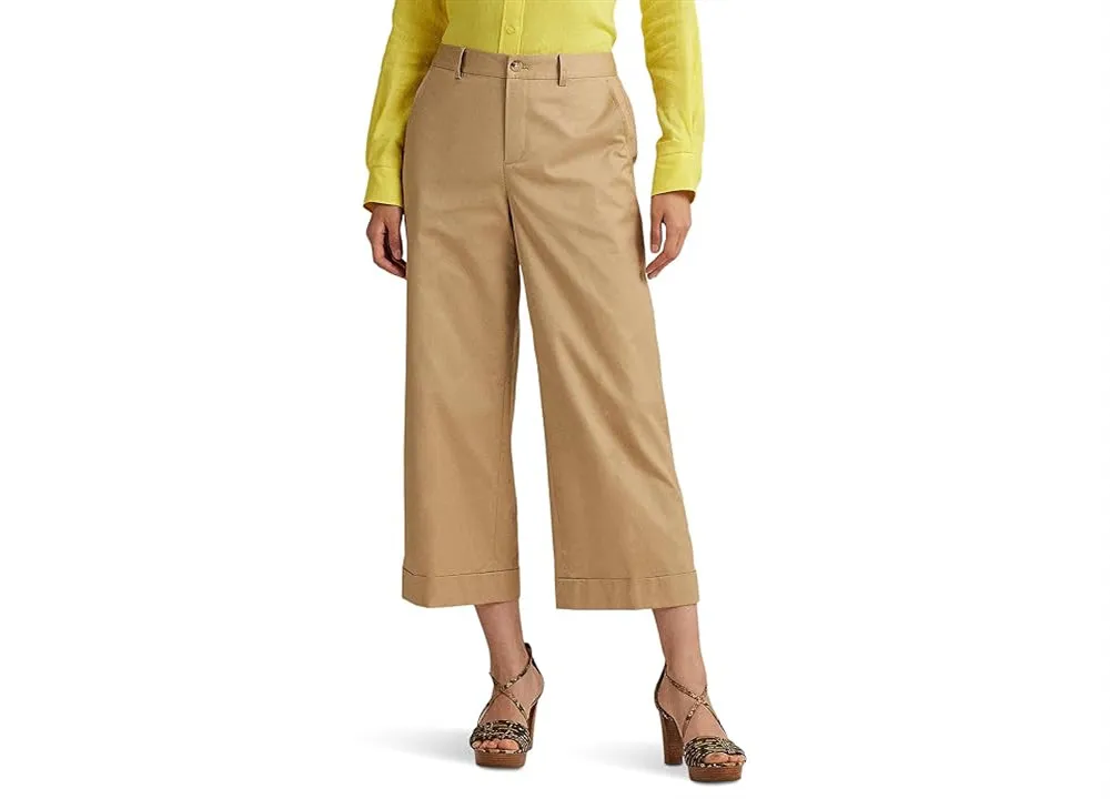 Lauren Ralph Lauren Women's Pleated Cotton Twill Cropped Pants Birch Tan Size 16