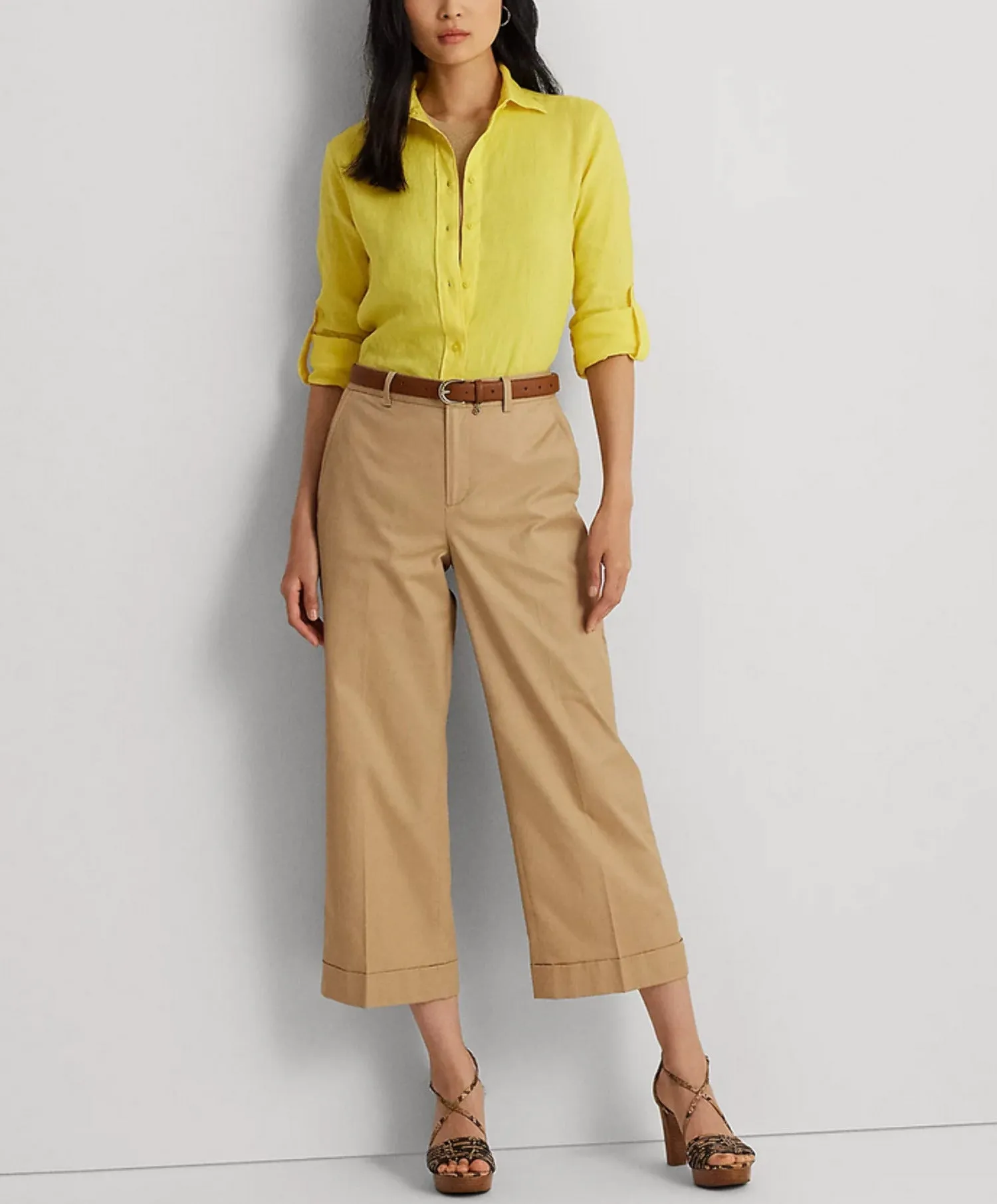 Lauren Ralph Lauren Women's Pleated Cotton Twill Cropped Pants Birch Tan Size 16