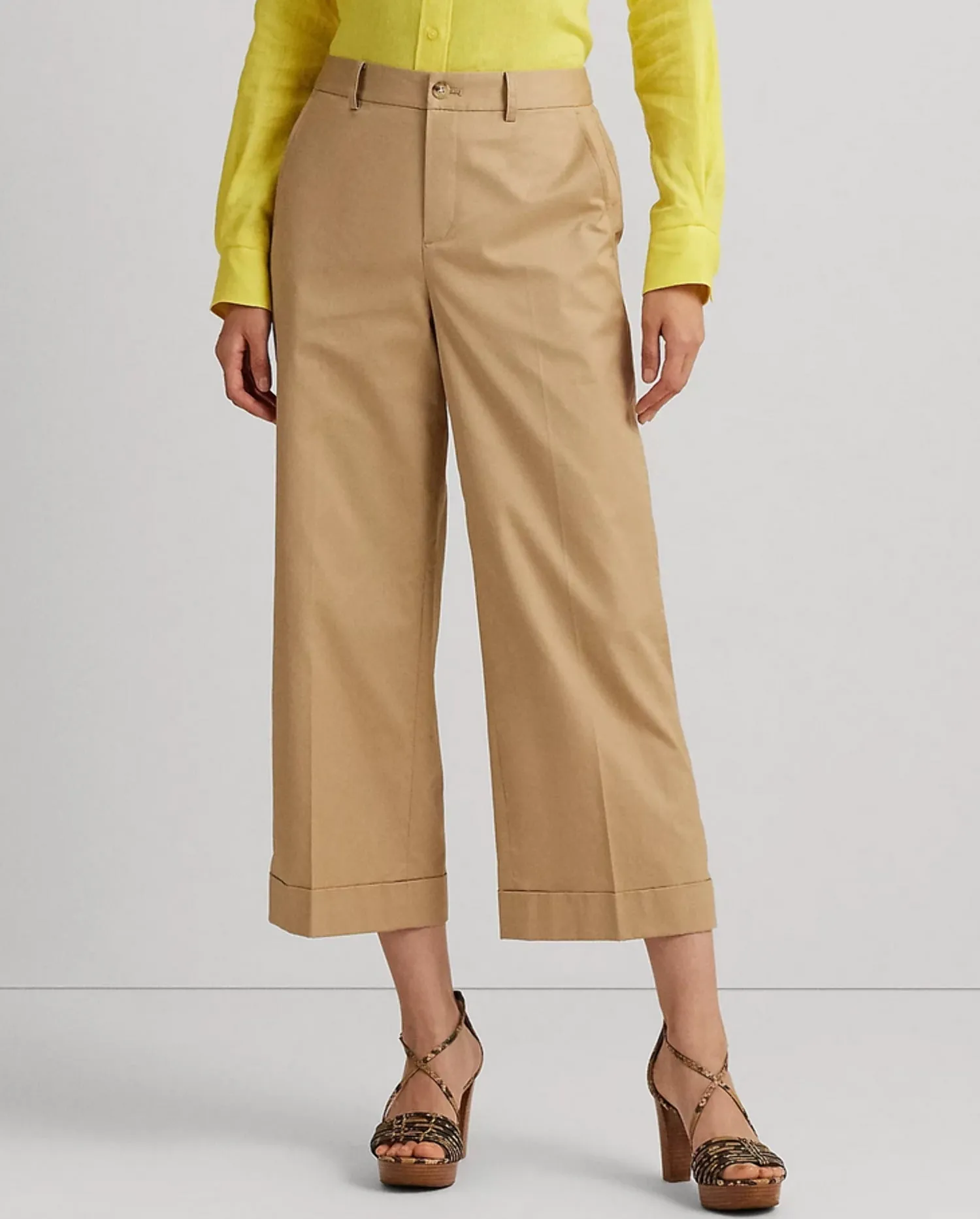 Lauren Ralph Lauren Women's Pleated Cotton Twill Cropped Pants Birch Tan Size 16