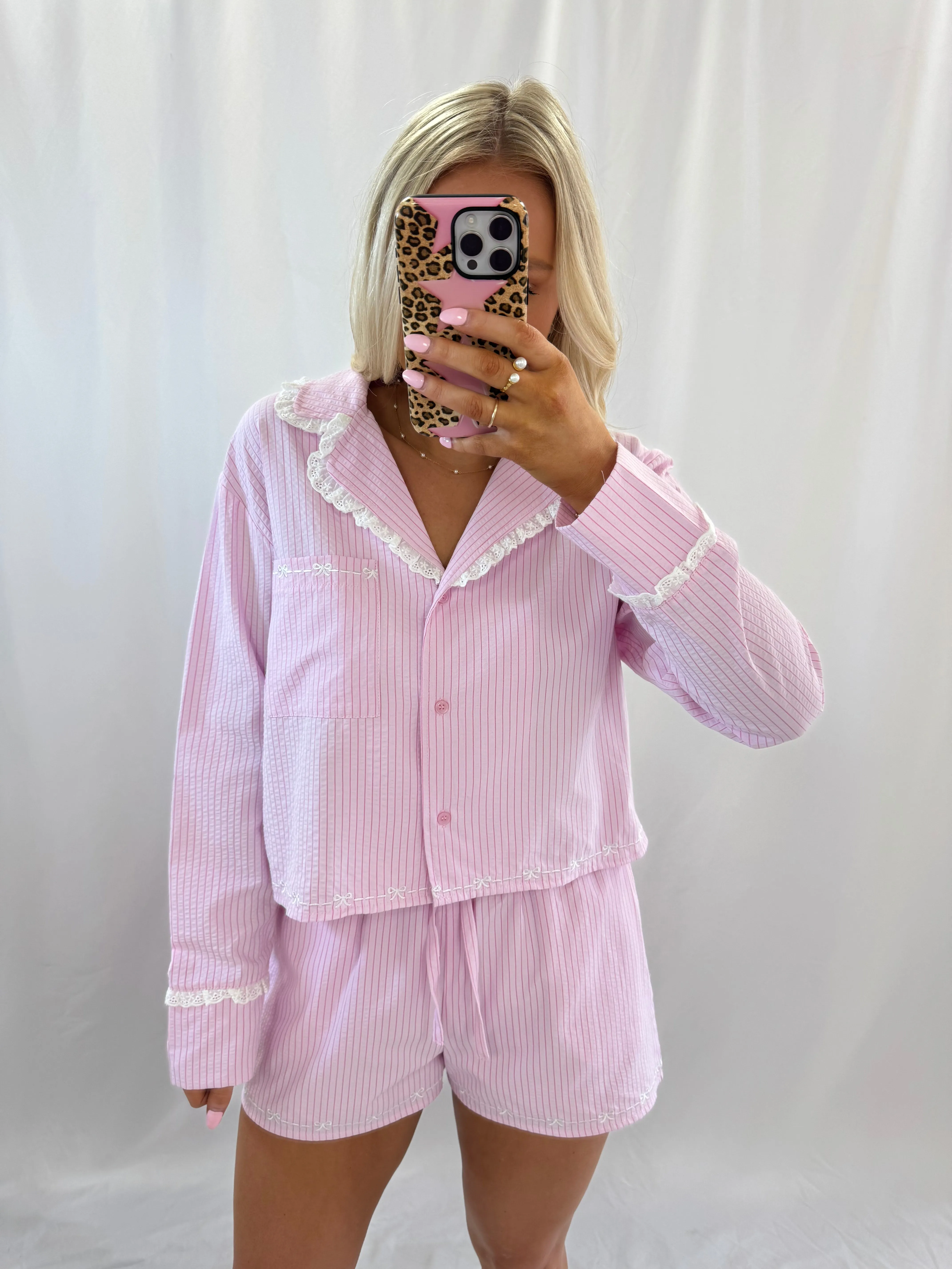 Lazy Day Bow/Lace PJ Set (top   shorts) PINK