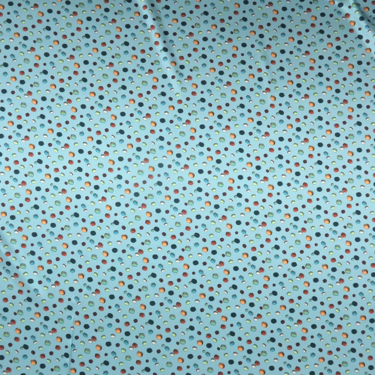 Light Blue Background with Macarons Print Stretch Printed Satin Silk Fabric