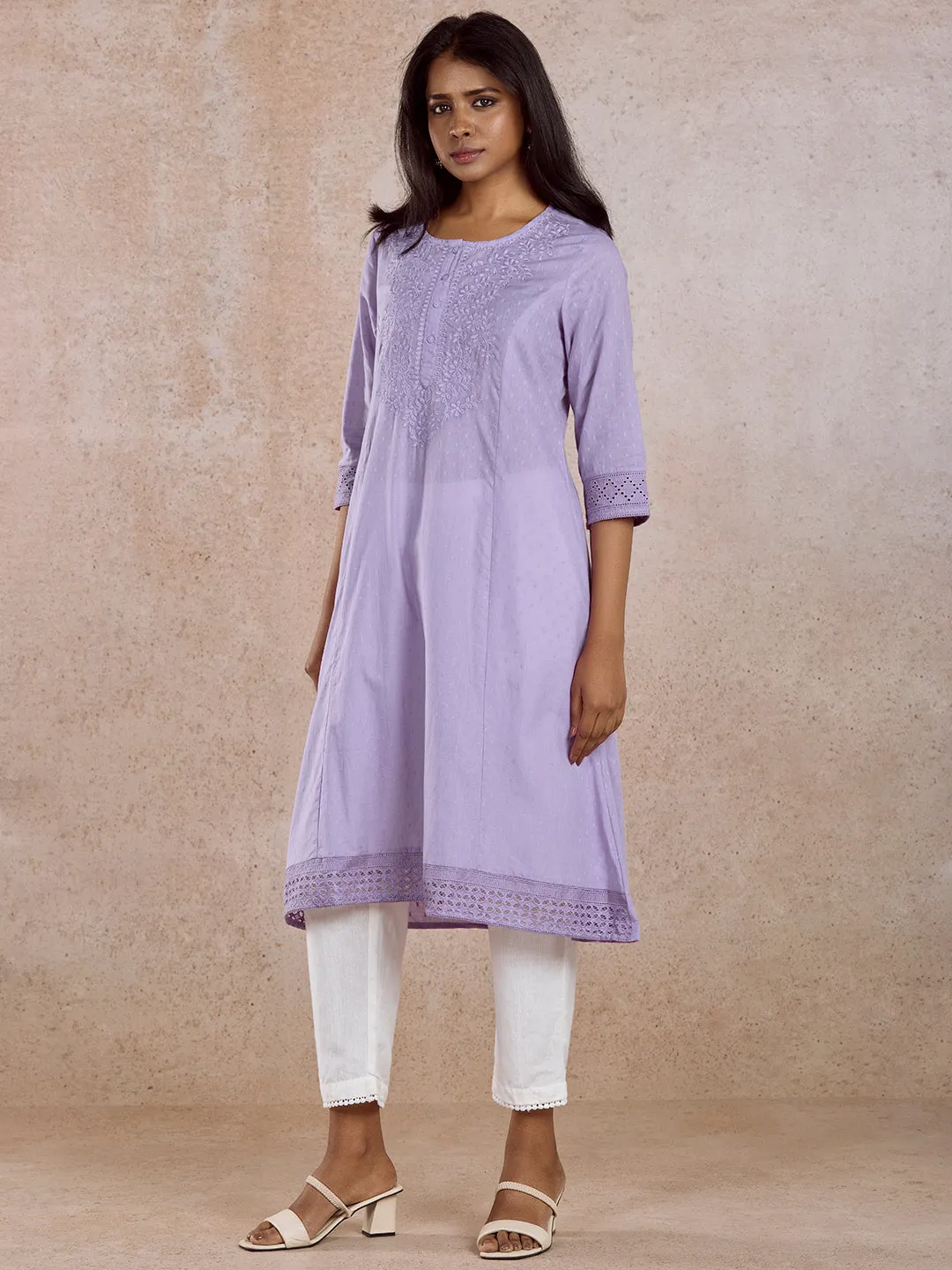 Lilac Cotton Embroidered Kurta