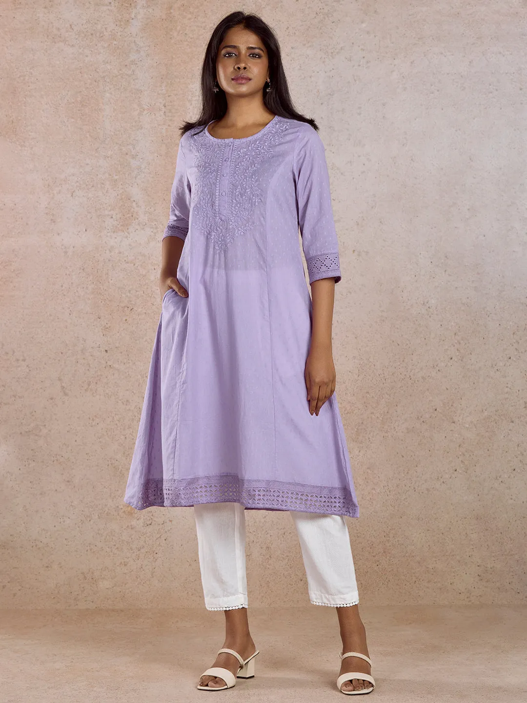 Lilac Cotton Embroidered Kurta