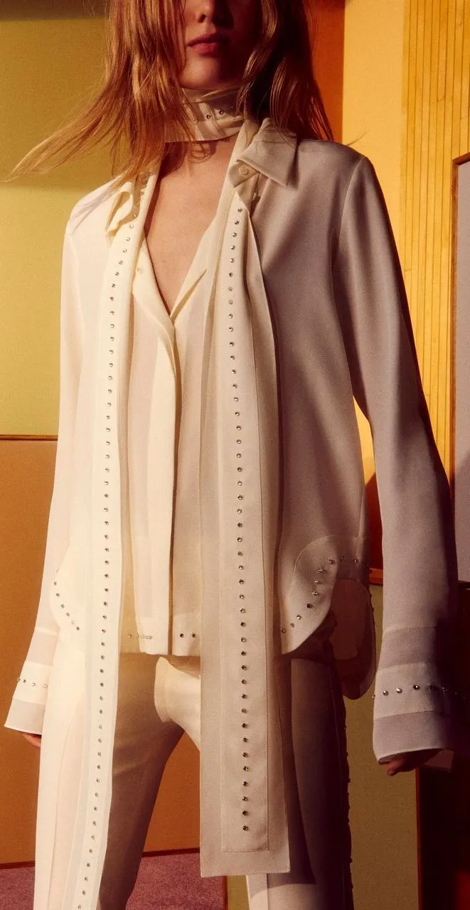 *Limited Stock* Crêpe de Chine Blouse with Hand-Applied Rhinestones