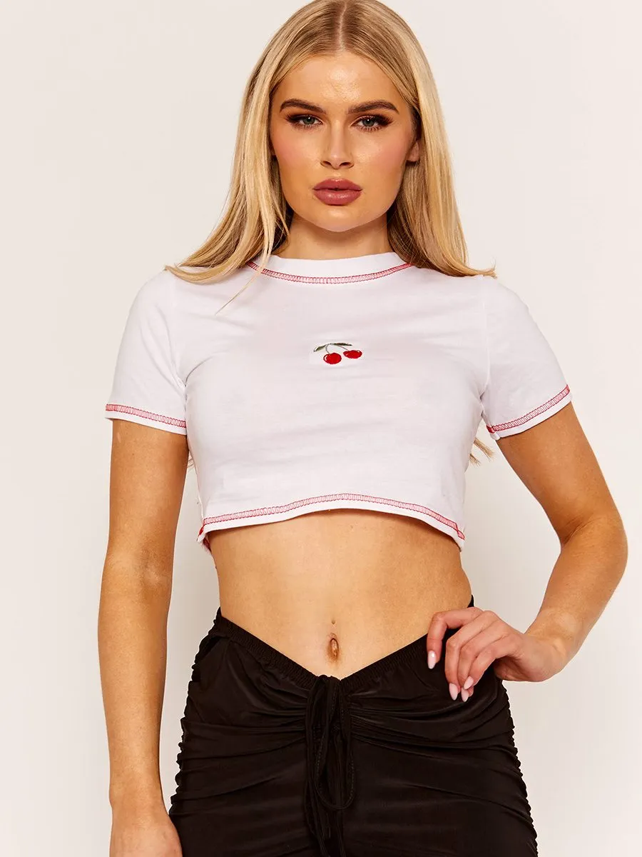 Mady Stitch Detail Embroidered Cherry Crop Top In White