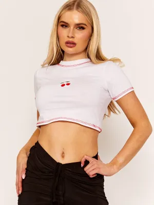 Mady Stitch Detail Embroidered Cherry Crop Top In White