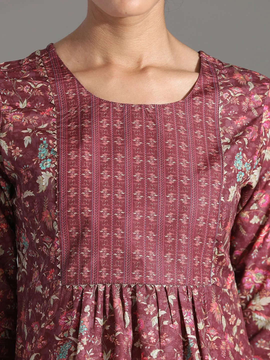 Maroon Floral Printed Chinon Peplum Top
