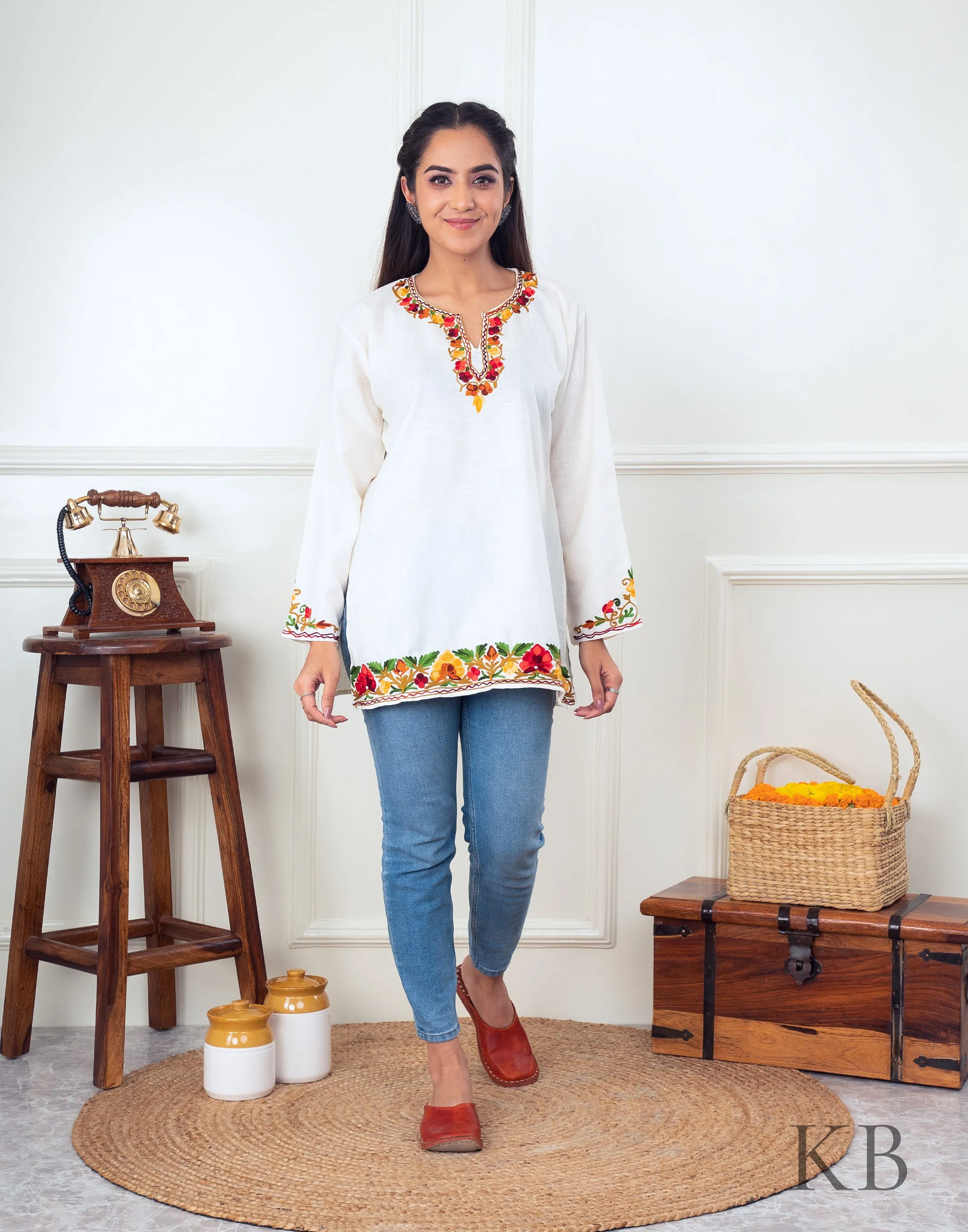 Multi Flower Aari Embroidered Cotton Top