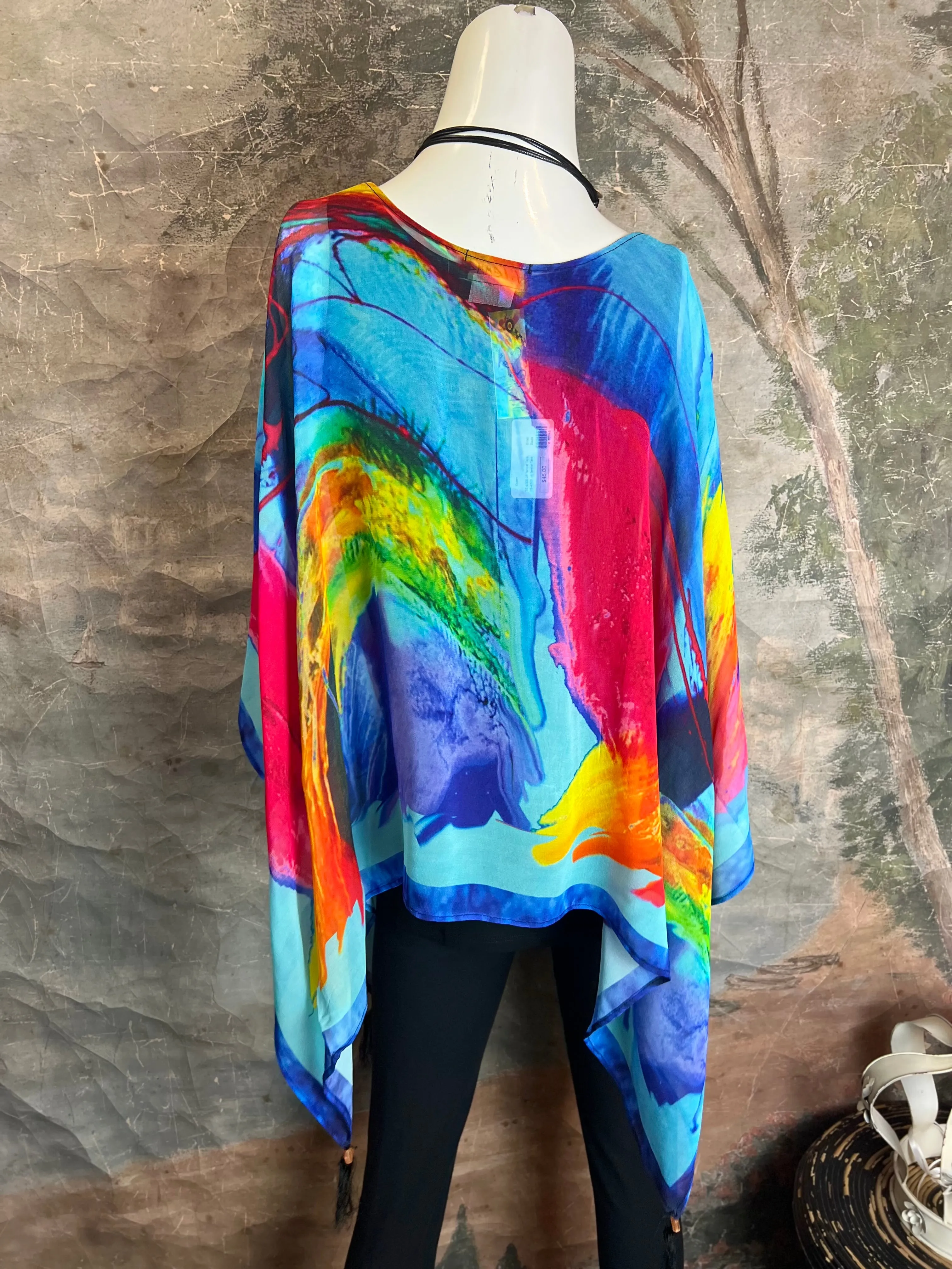NP73 Silk Georgette Beaded Ponco Top-Gerard Blue Mix