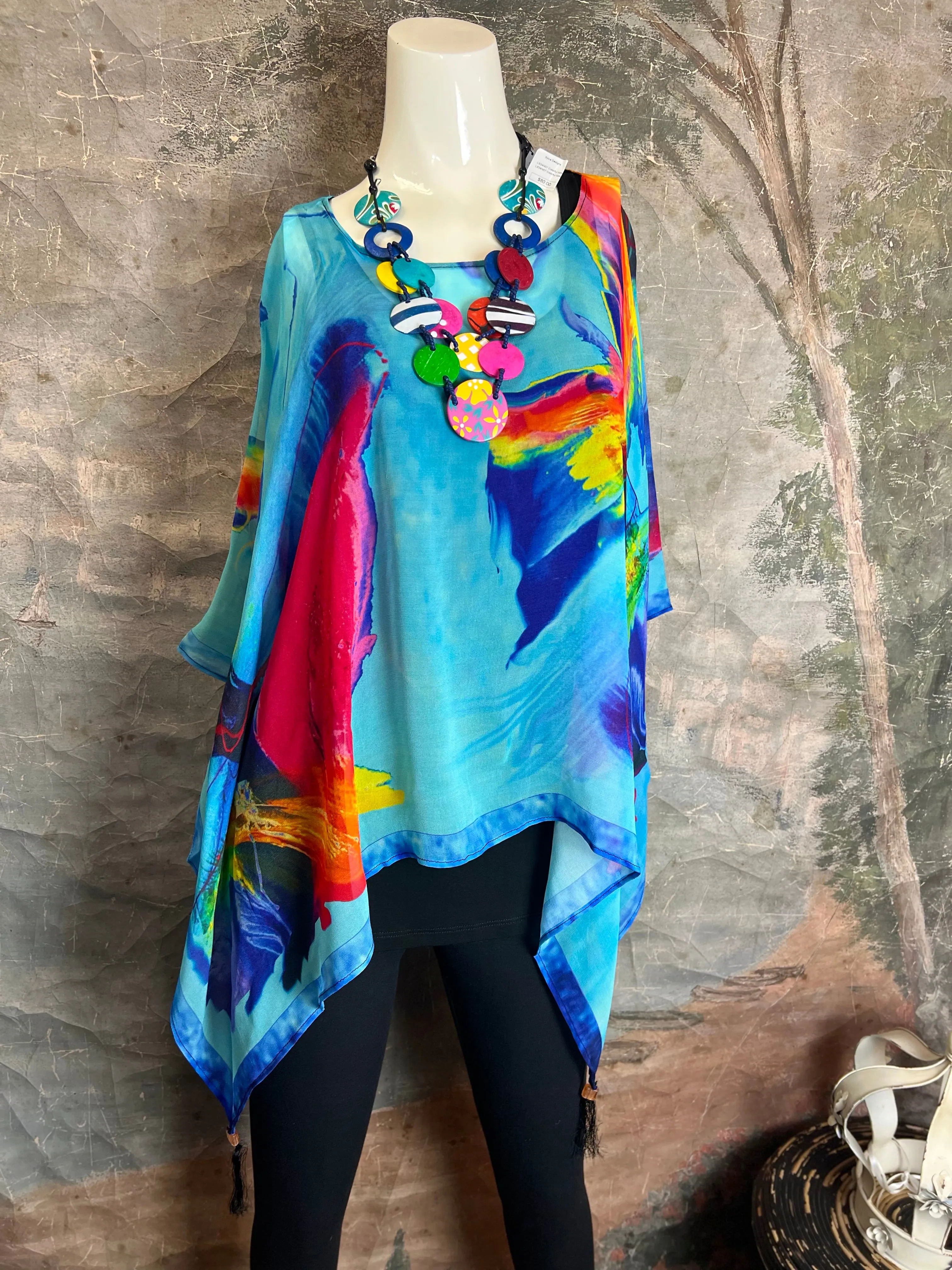 NP73 Silk Georgette Beaded Ponco Top-Gerard Blue Mix