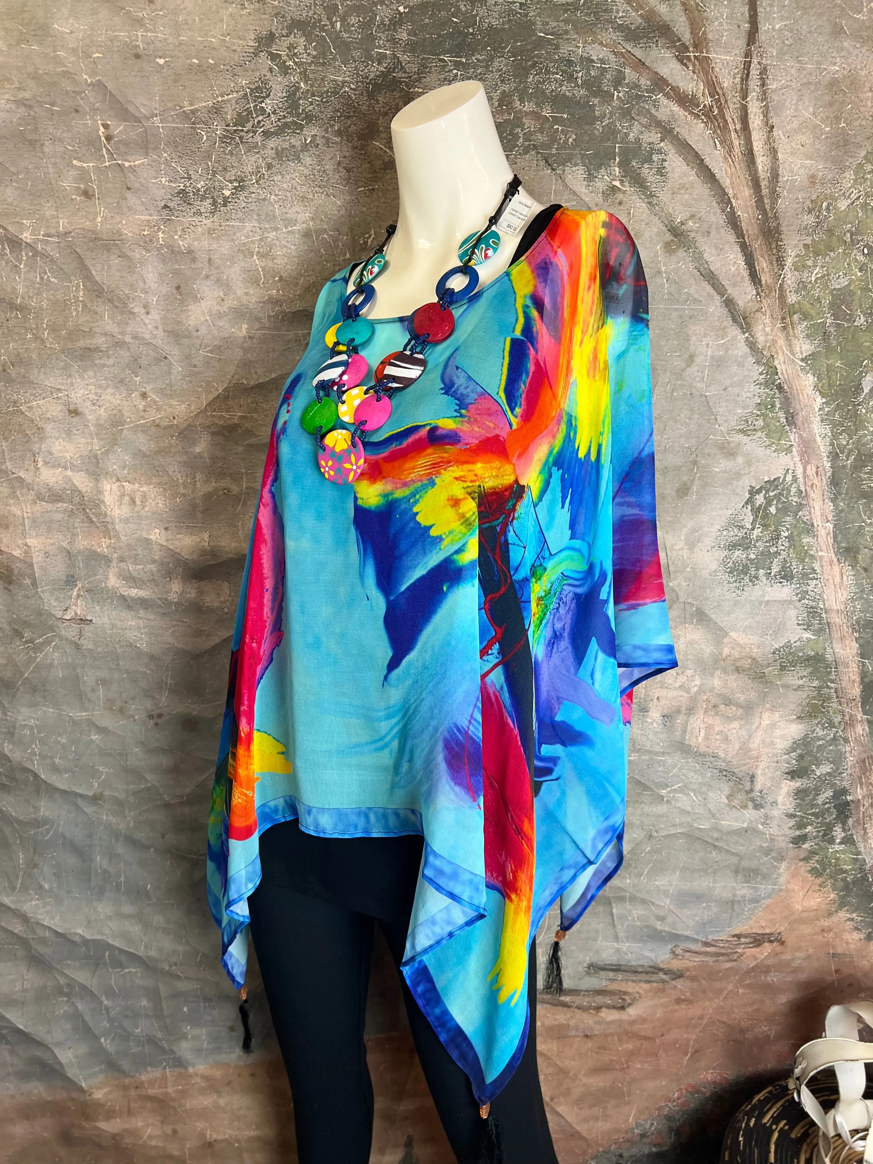 NP73 Silk Georgette Beaded Ponco Top-Gerard Blue Mix