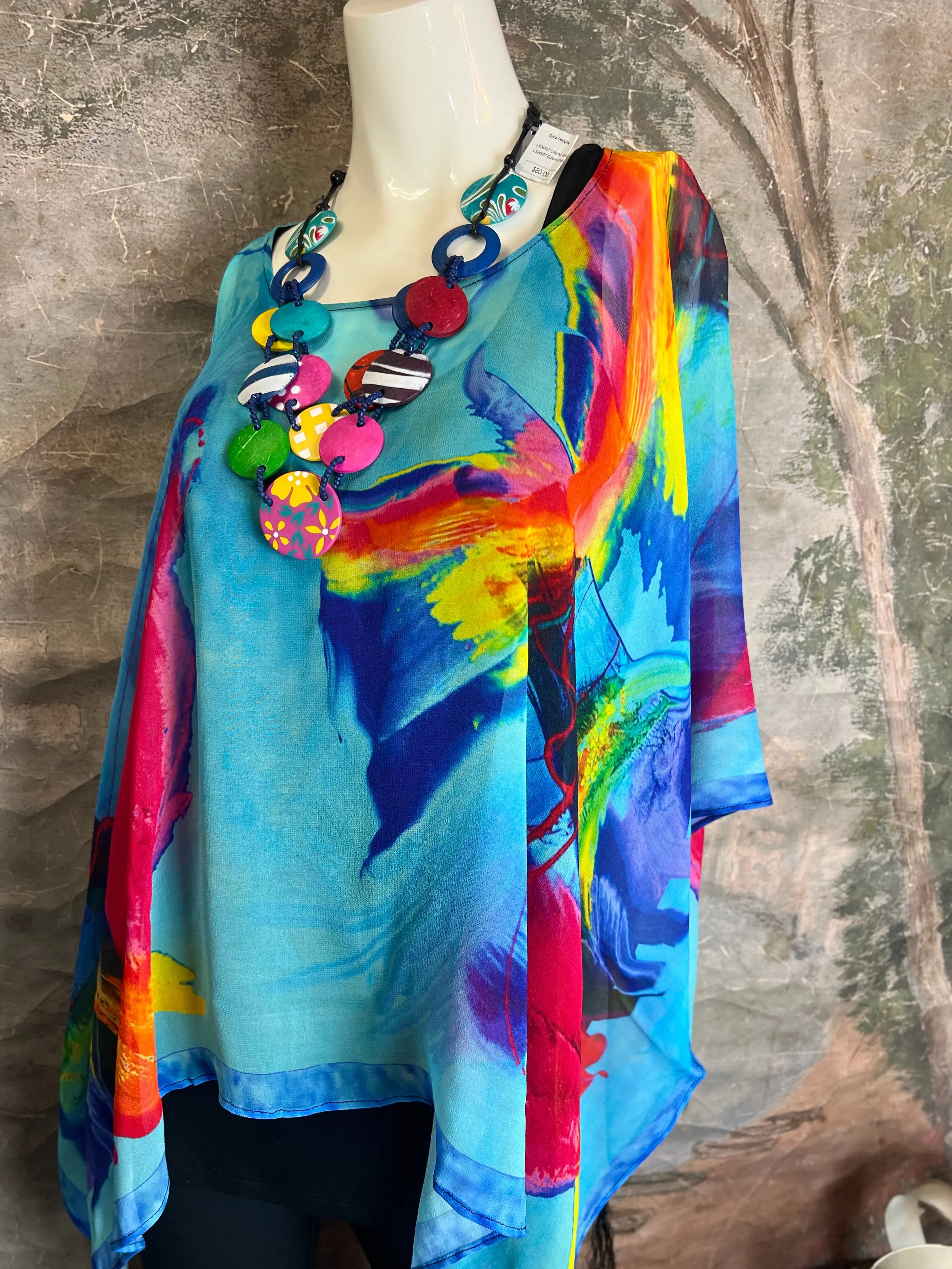 NP73 Silk Georgette Beaded Ponco Top-Gerard Blue Mix