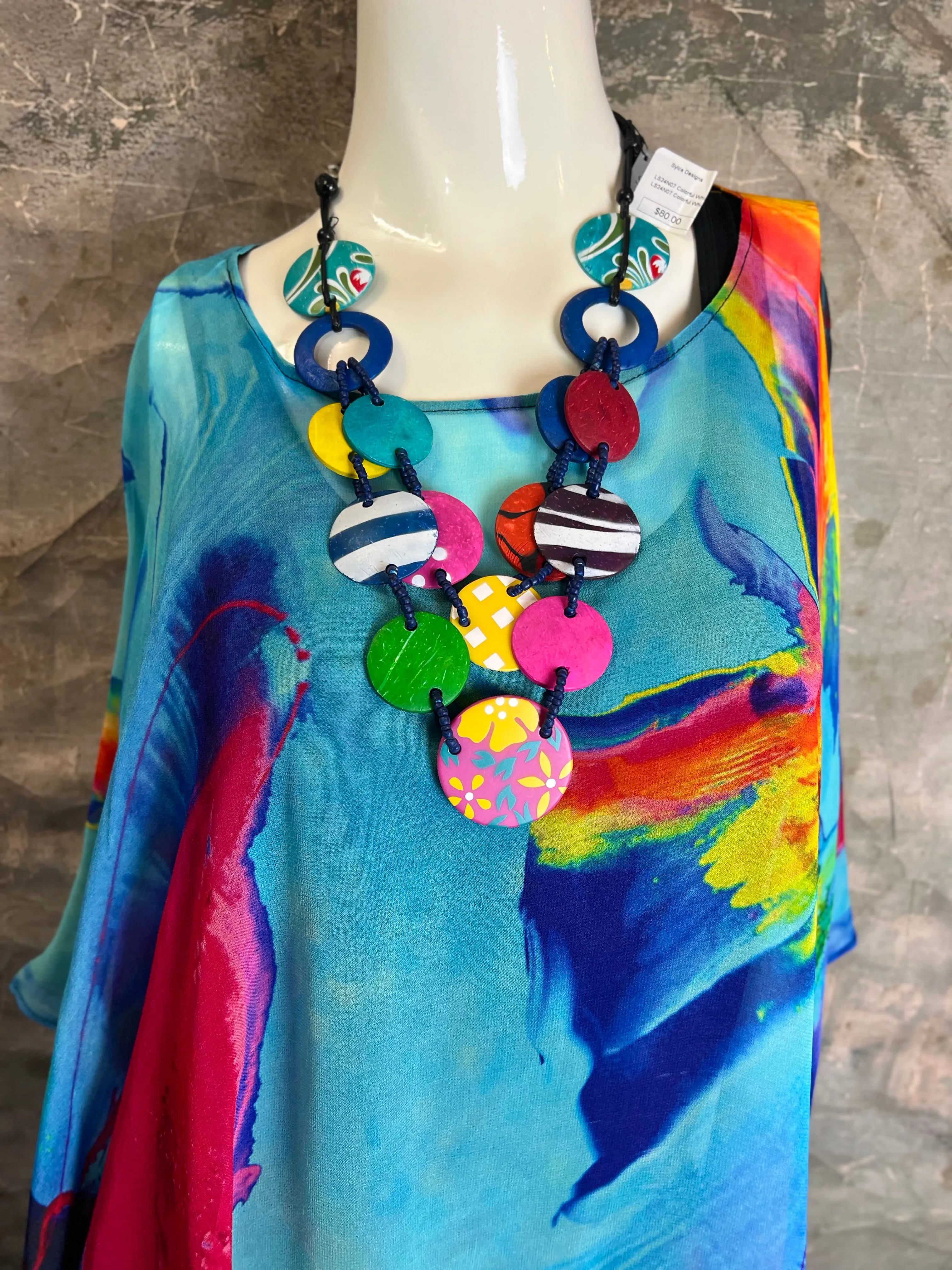 NP73 Silk Georgette Beaded Ponco Top-Gerard Blue Mix