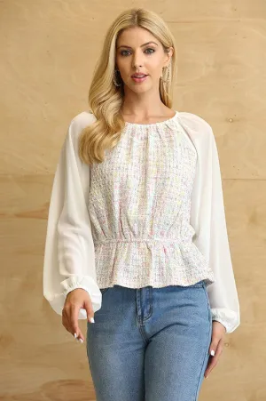 Off White Tweed and Chiffon Mixed Peplum Top