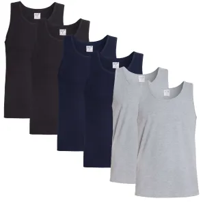 Pack of 6 Men's Cotton Blend Gym Muscle Vests Fitted Lightweight Comfortable Breathable Summer Wear Sizes S to XXL Available in Black Grey Navy White by Sock Stack