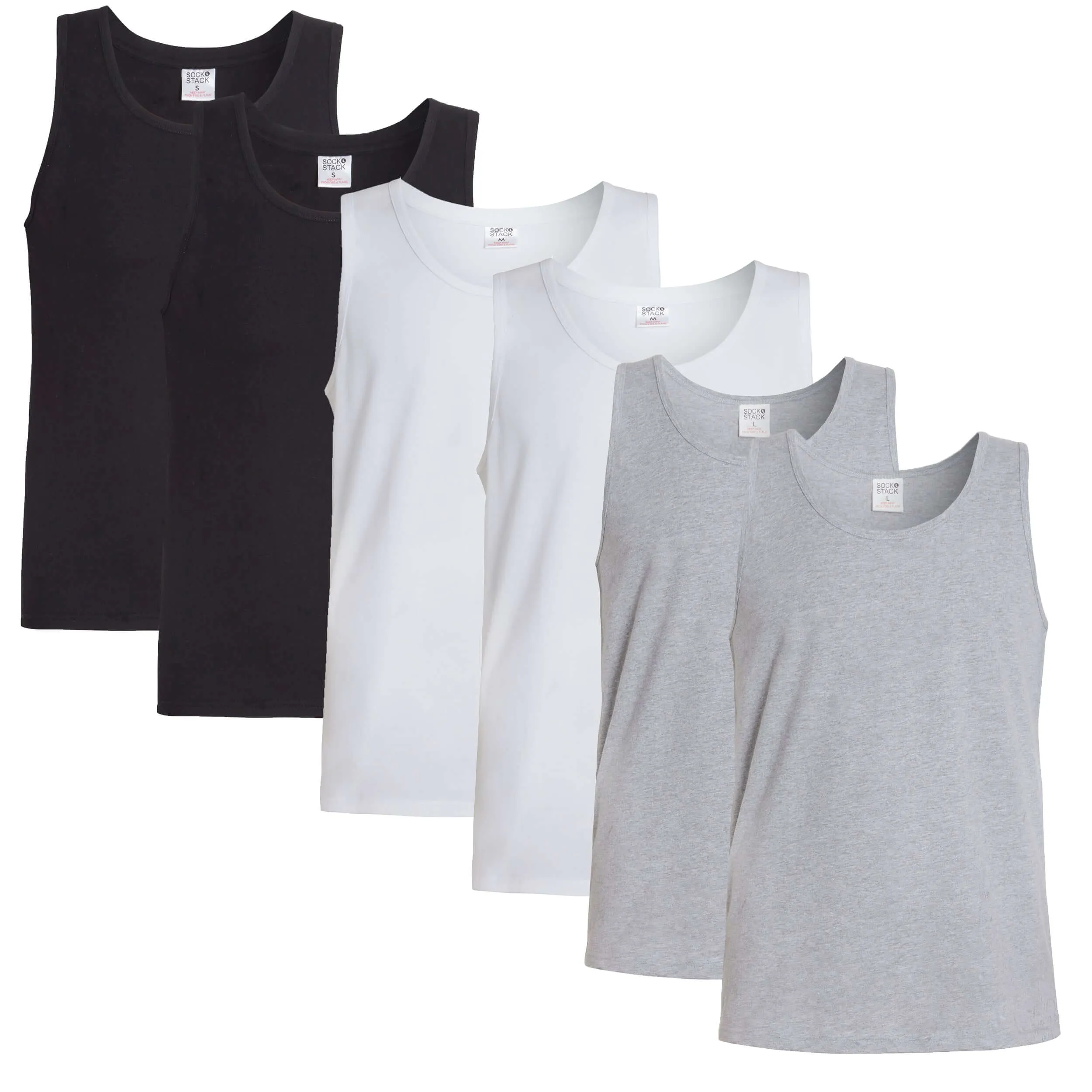 Pack of 6 Men's Cotton Blend Gym Muscle Vests Fitted Lightweight Comfortable Breathable Summer Wear Sizes S to XXL Available in Black Grey Navy White by Sock Stack